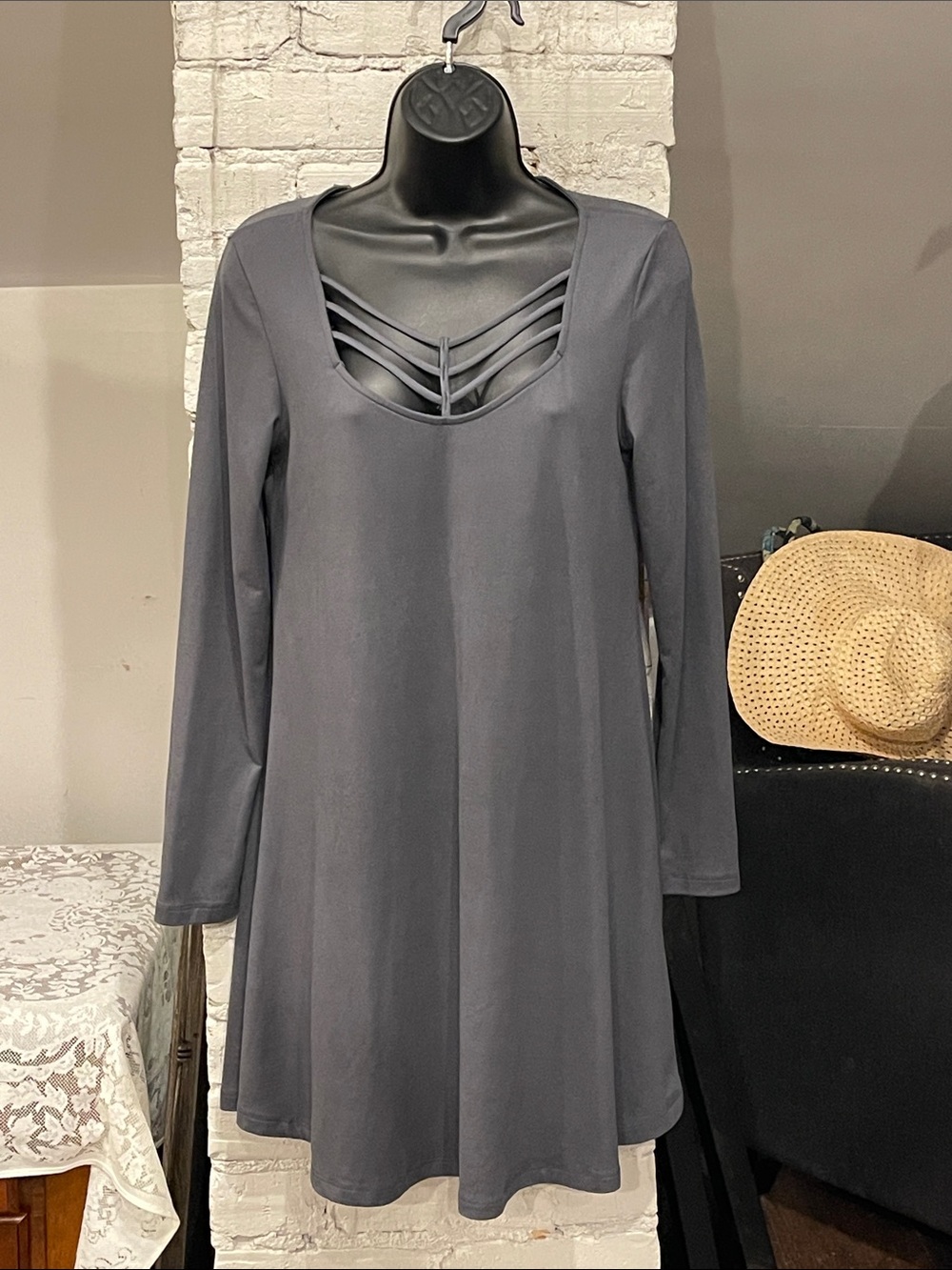 entro Charcoal Long Sleeve Strappy V-Neck Swing Dress